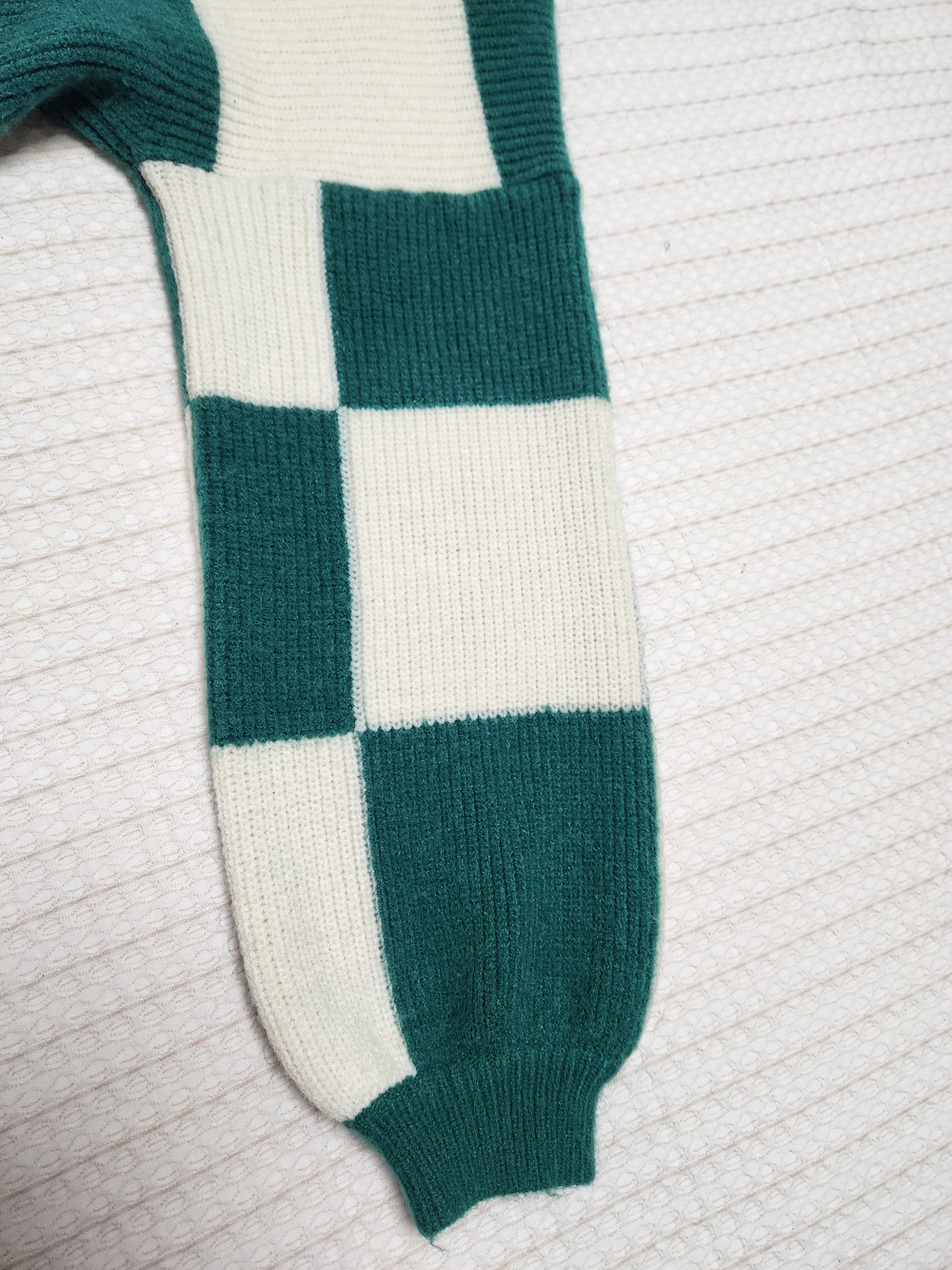 Checkerboard Crewneck Sweater in Green and Cream - Women's Knit Pullover - Picture 6 of 7
